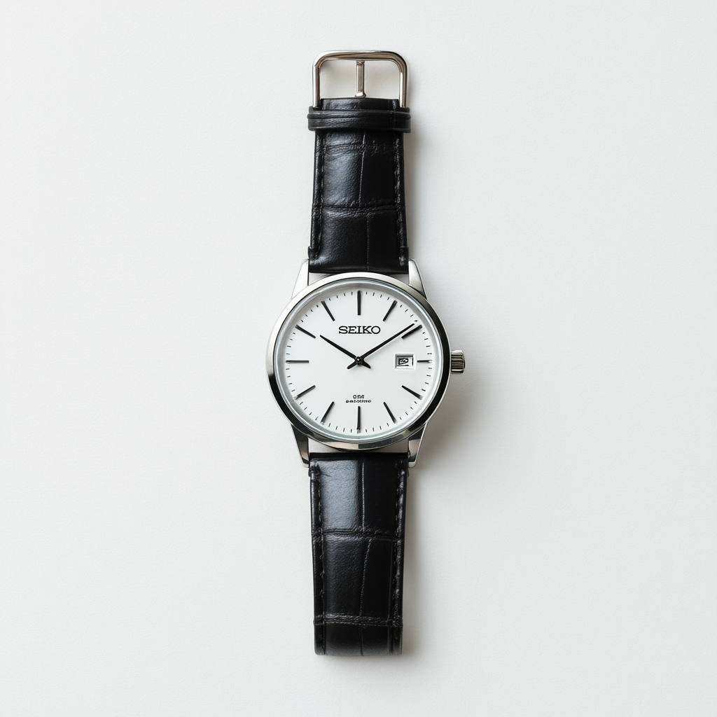 Seiko SUT254 Core Black Leather strap Band White Dial Watch