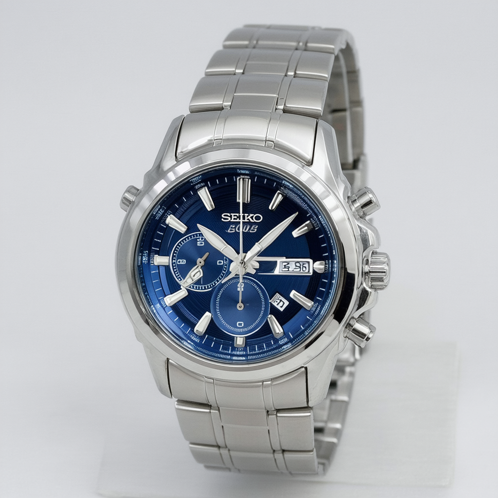 Seiko Mens Stainless Steel Chronograph Watch Blue Dial SNDF03