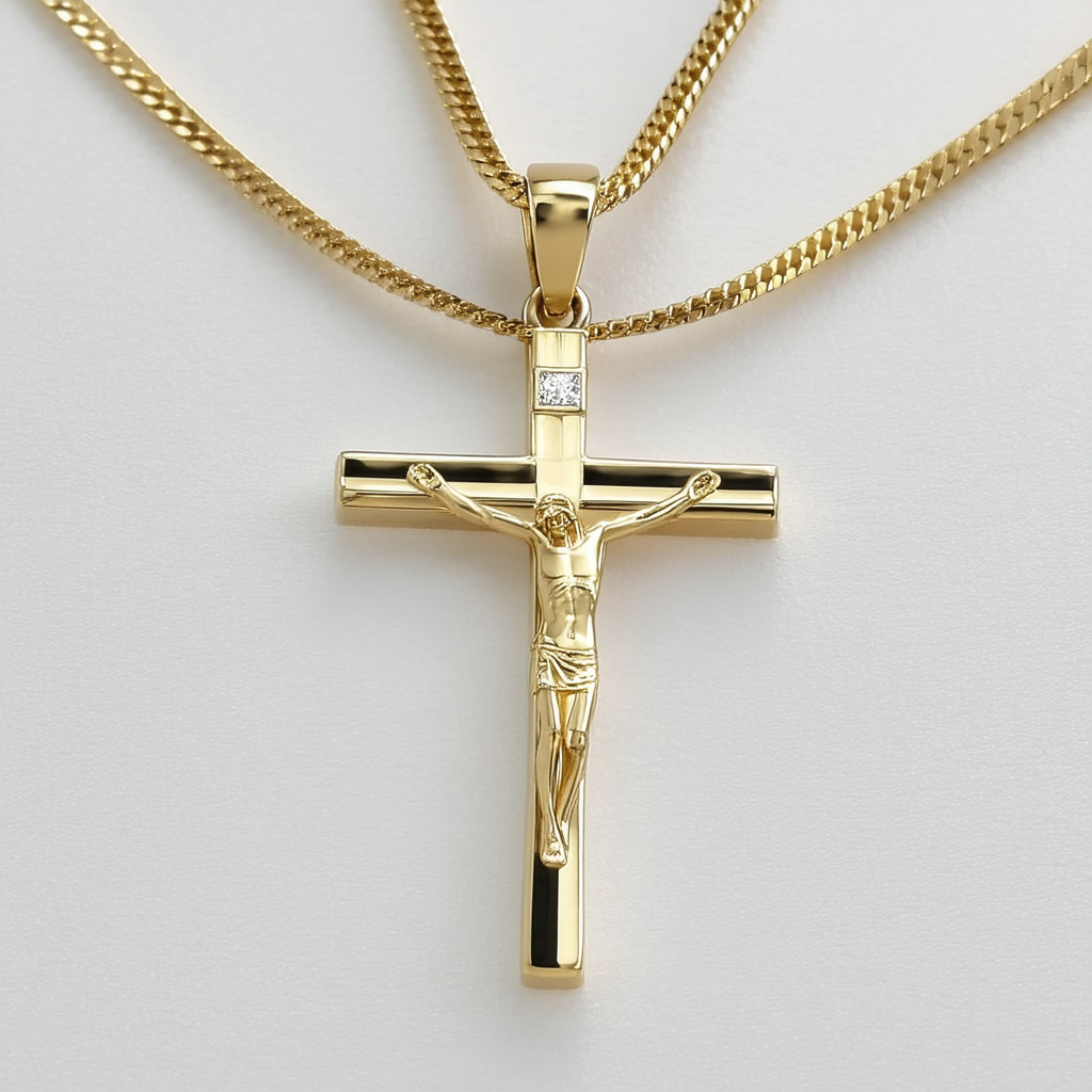 Amazon Collection 14k Yellow Gold Polished Tube Crucifix Pendant Necklace, 18"