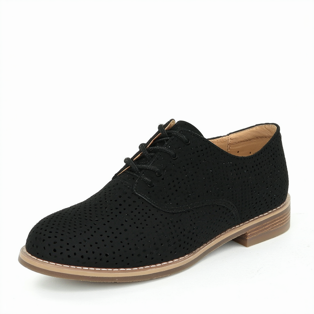 Qupid Women Nubuck Perforated Lace Up Oxford Flat FE99 - Black