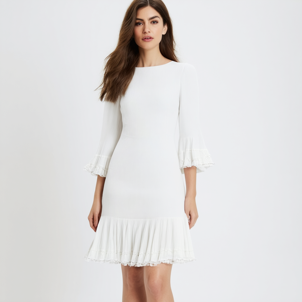Calvin Klein Women's Quarter line Ruffles at Sleeve and Hem Dress