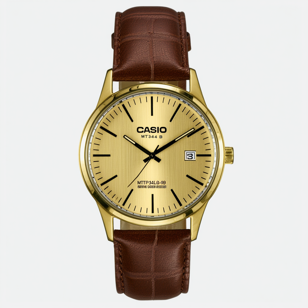 Casio #MTP1342L-9B Men's Brushed Gold Tone Leather Strap Fashion Analog Watch