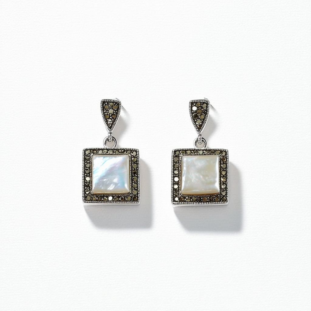 Amazon Collection Sterling Silver Marcasite and Mother-Of-Pearl Square Earrings