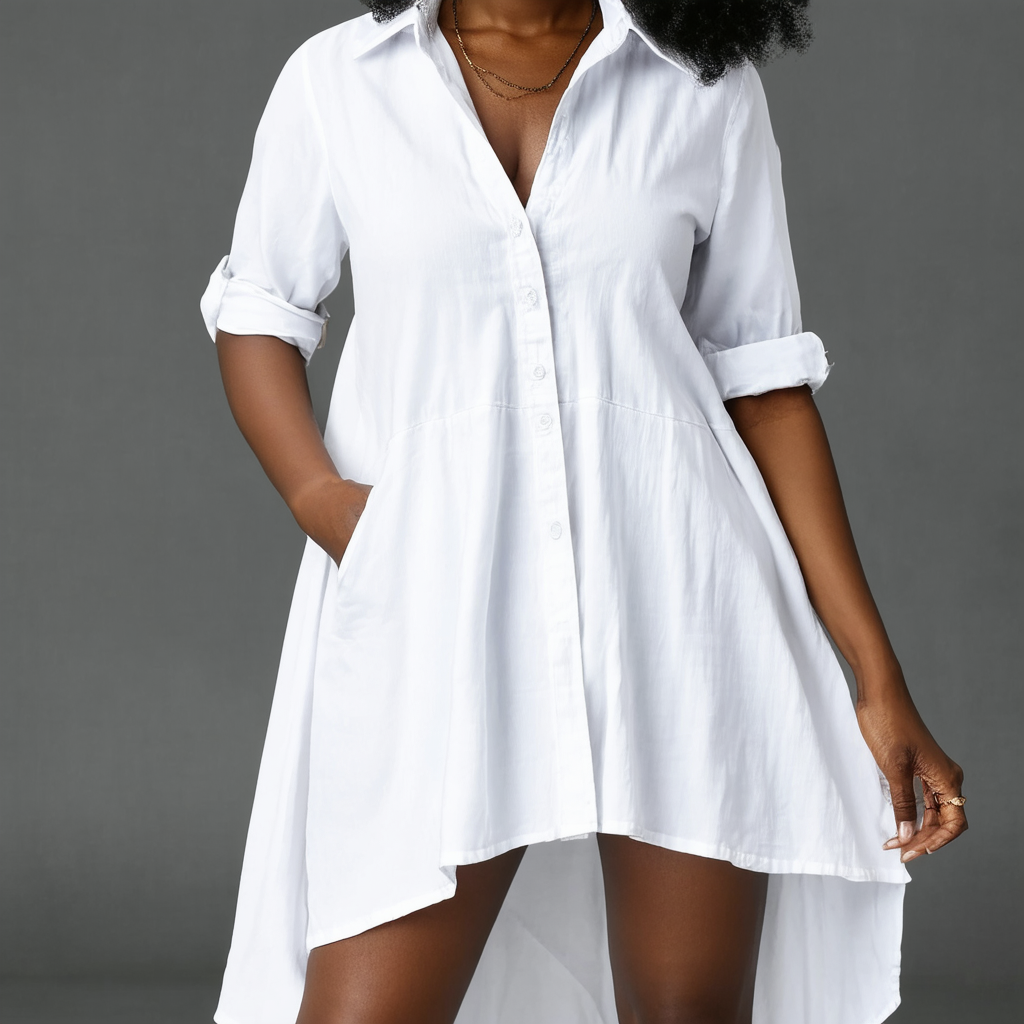 Womens African Accent Solid Hi/Lo Shirt Dress White