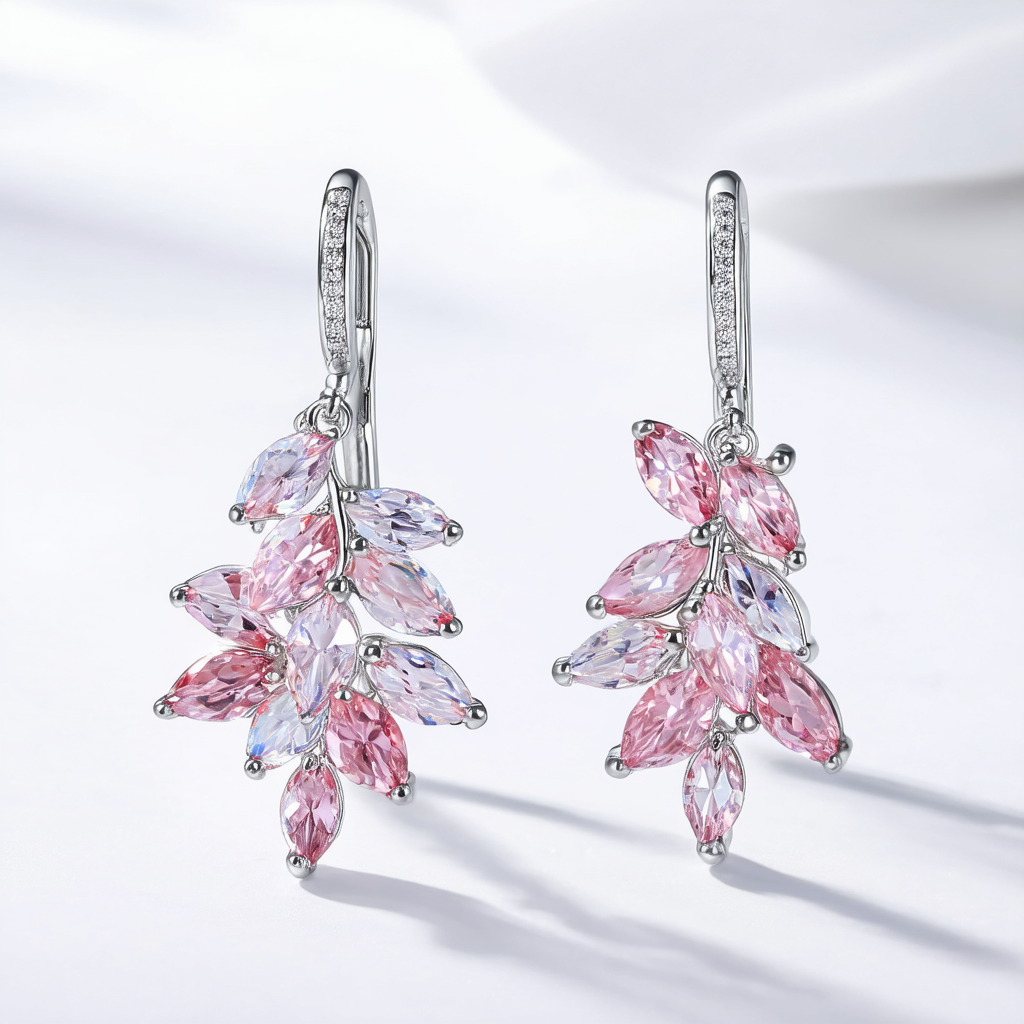 Amazon Collection Sterling Silver Swarovski Elements Light Rose Colored Bicone Cluster Drop Earrings