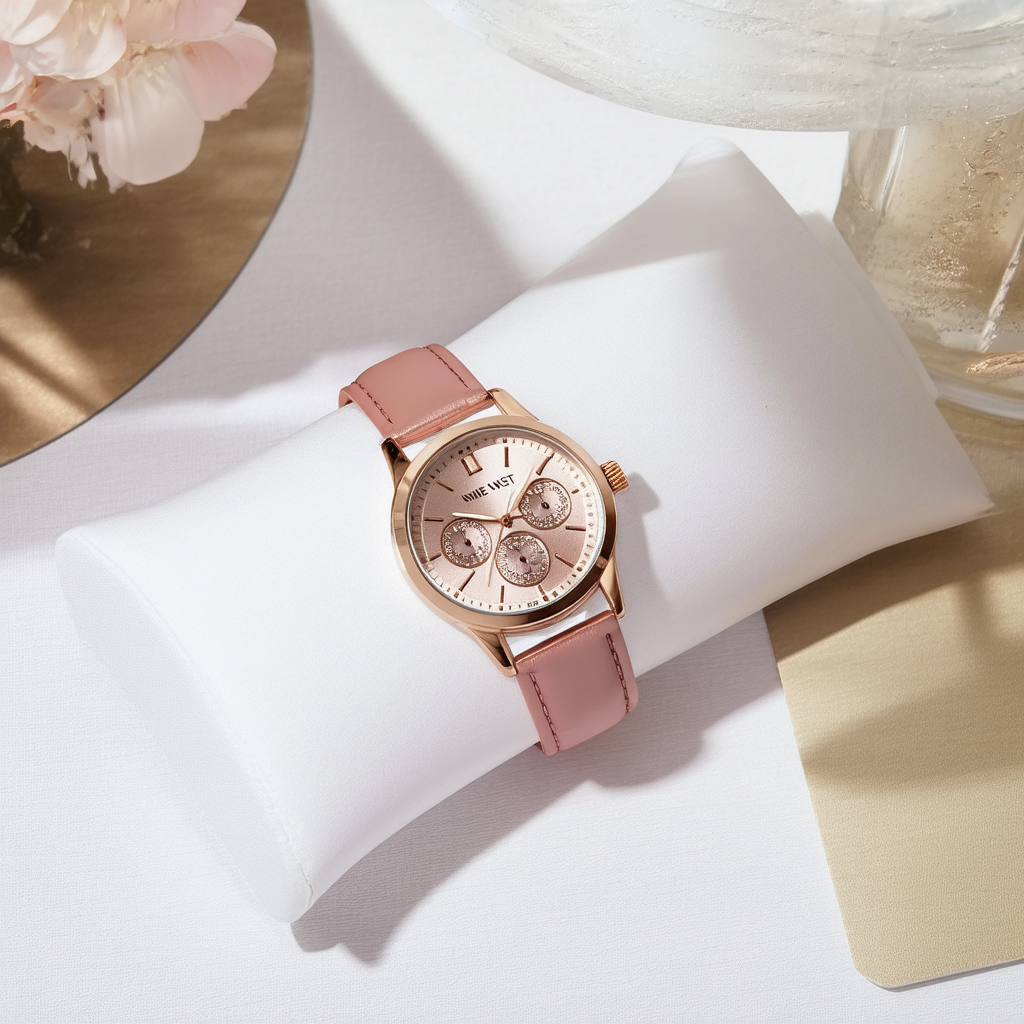 Nine West Women's NW/1660SVPK Rose Gold-Tone Case Watch with Blush Strap