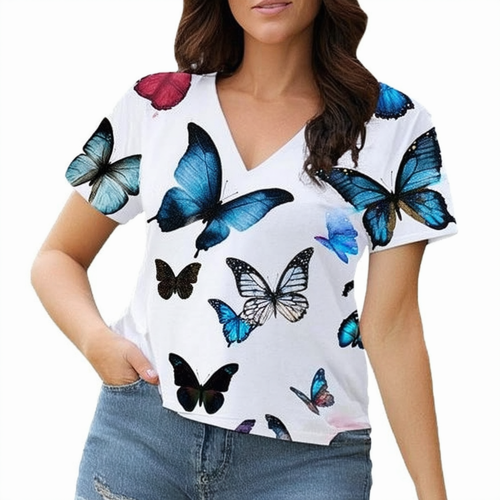 Andongnywell Women's Summer Butterfly Printed Short Sleeve T-Shirt Tops Plus Size V-Neck Tee Blouses