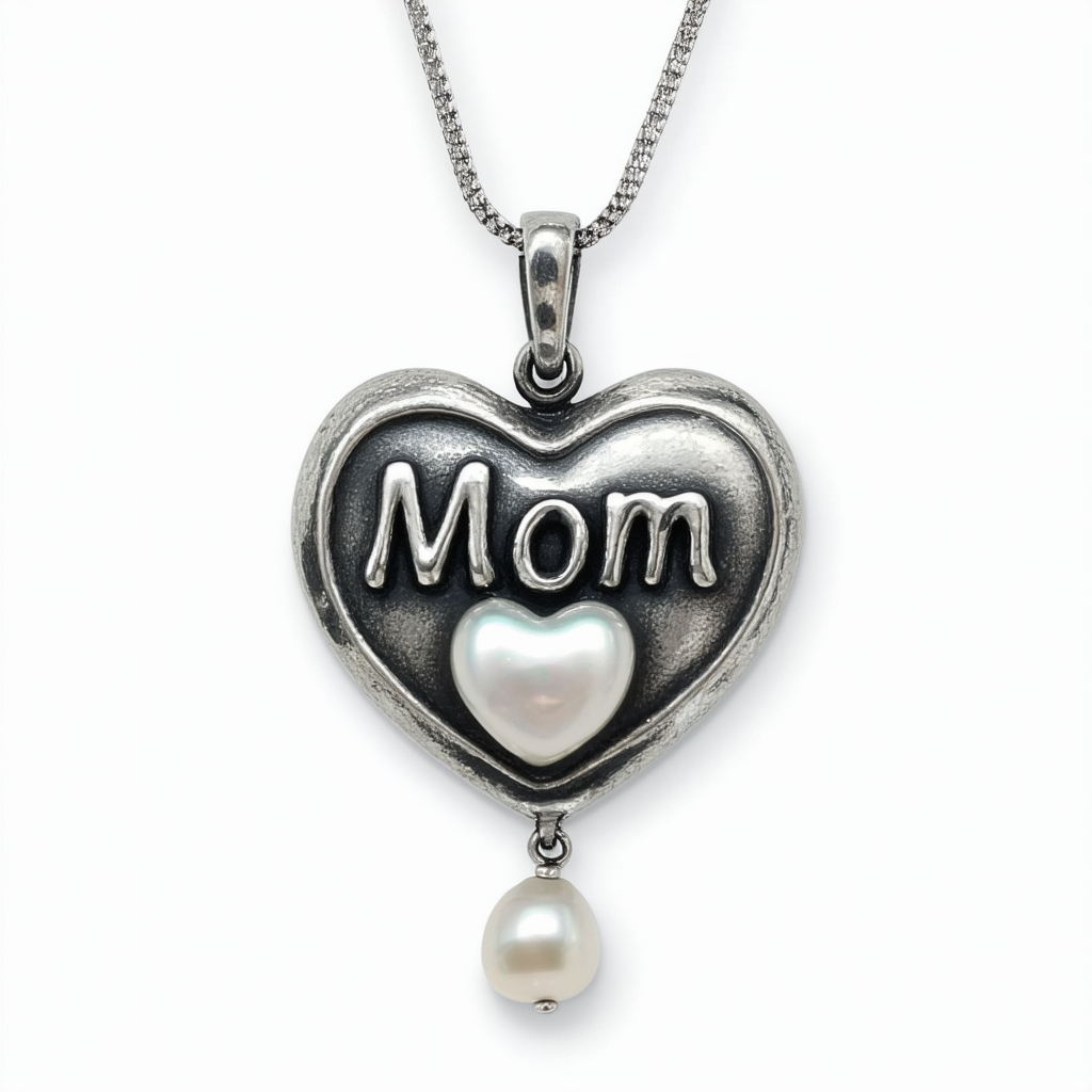 Pewter "Mom" Heart with Freshwater Cultured Pearl Pendant by Bob Siemon, 18"