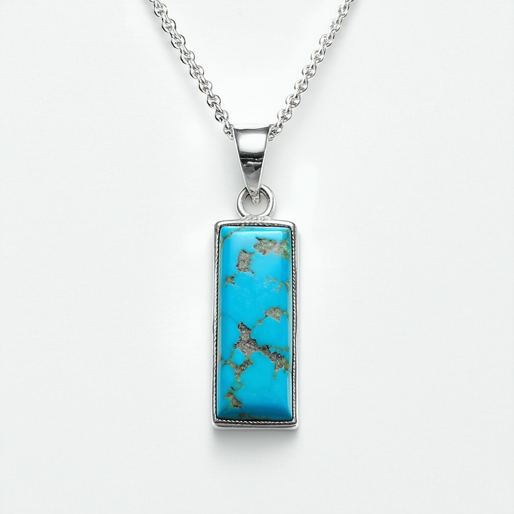 Amazon Collection Sterling Silver Rectangle Genuine Stabilized Turquoise Pendant Necklace, 18"