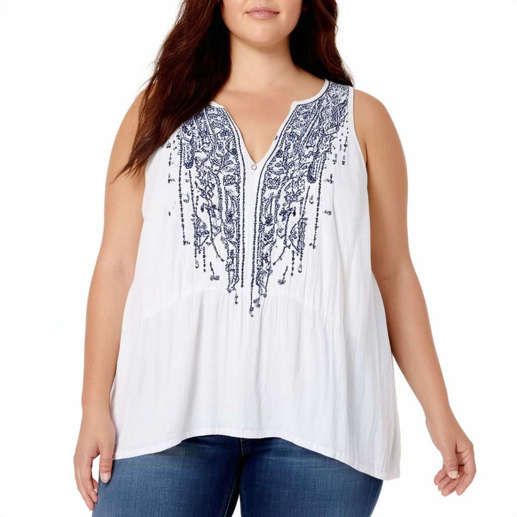 Lucky Brand Women's Plus Size Cascading Embroidery Top