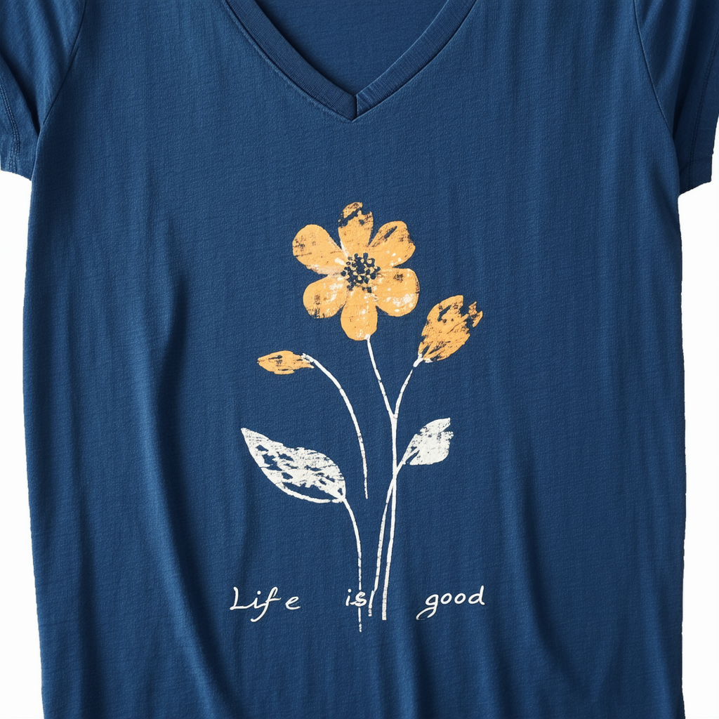 Life is good Women's Crusher V-Neck Optimistic Flower T-Shirt (Darkest Blue)
