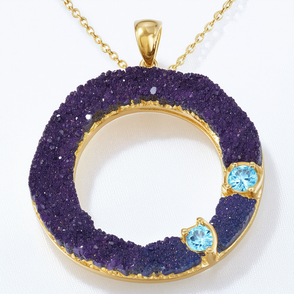 Amazon Collection 18k Gold Over Sterling Silver Purple Drusy and Blue Topaz Pendant Necklace , 18"