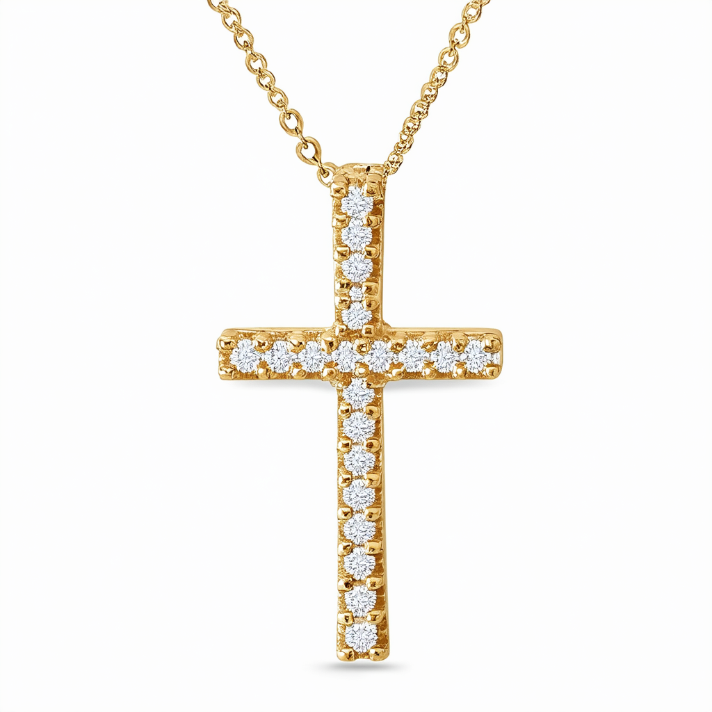 Amazon Collection womens 14k Yellow Gold Solid Diamond-Accented Cross Pendant Necklace, 18"