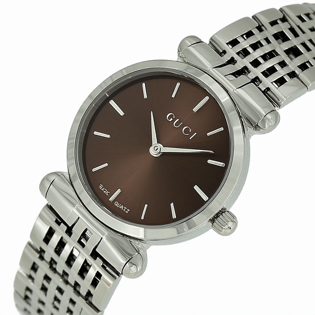 Gucci Womens 125 Series YA125503 Quartz Silver Band Brown Dial
