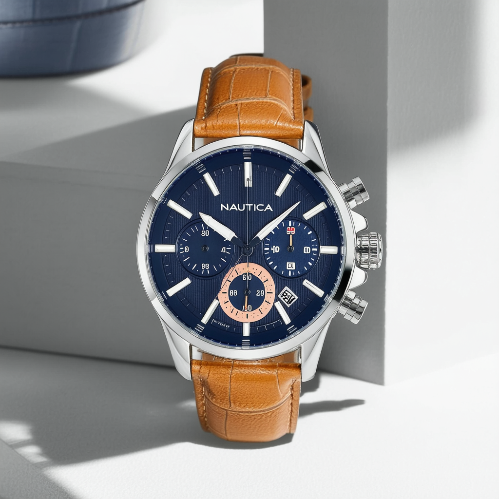 Nautica Tan Dial Mens Chronograph Leather Watch A17656GS