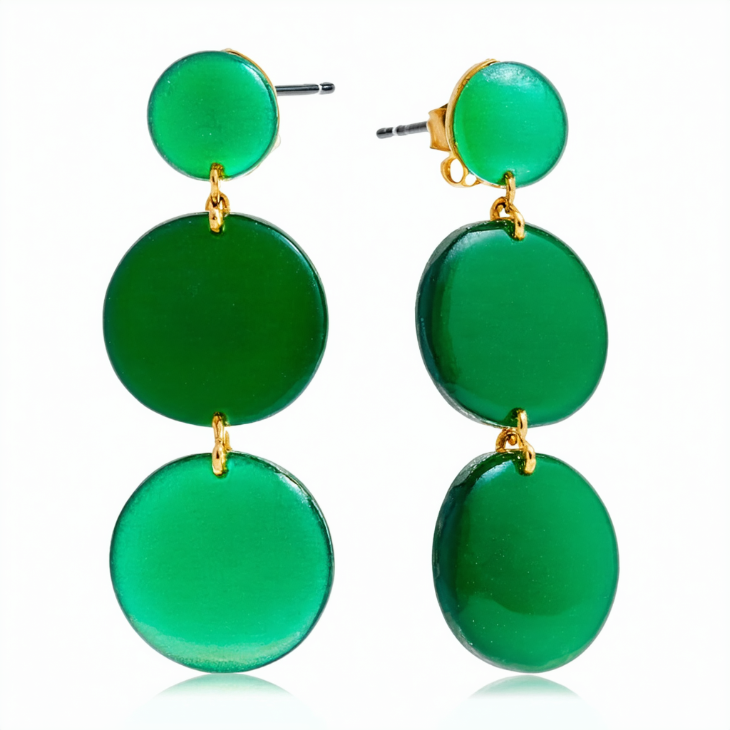 Amazon Collection 14k Yellow Gold Drop with Round Green Murano Glass Disks Earrings