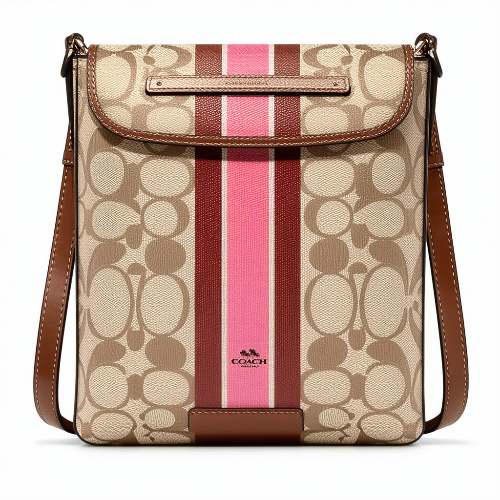 Coach Signature Stripe Swingpack F48806 Khaki/Bright Tearose
