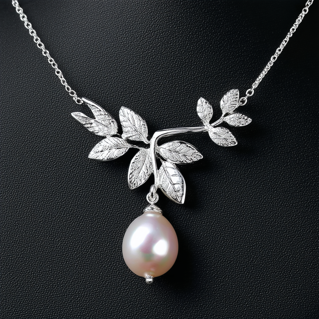 Amazon Collection Sterling Silver Leaf and Freshwater Cultured Pearl Charm Pendant Necklace, 18"