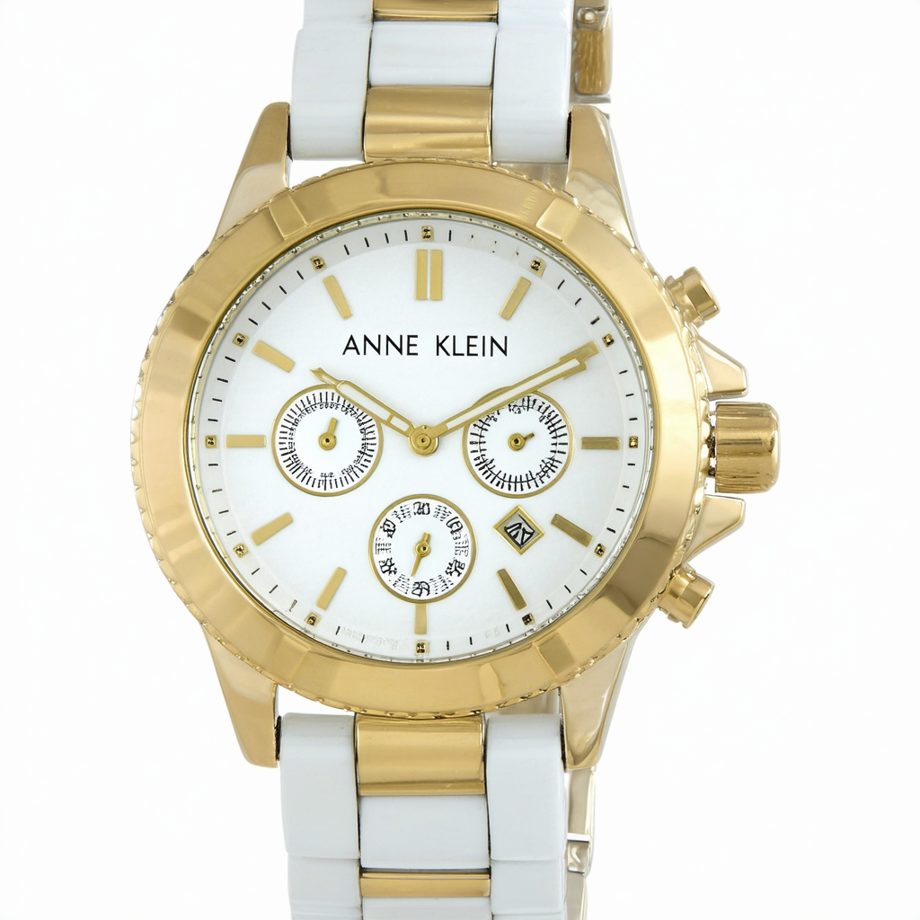 Anne Klein Women's AK/1628WTGB Multi-Function Gold-Tone and White Ceramic Bracelet Watch