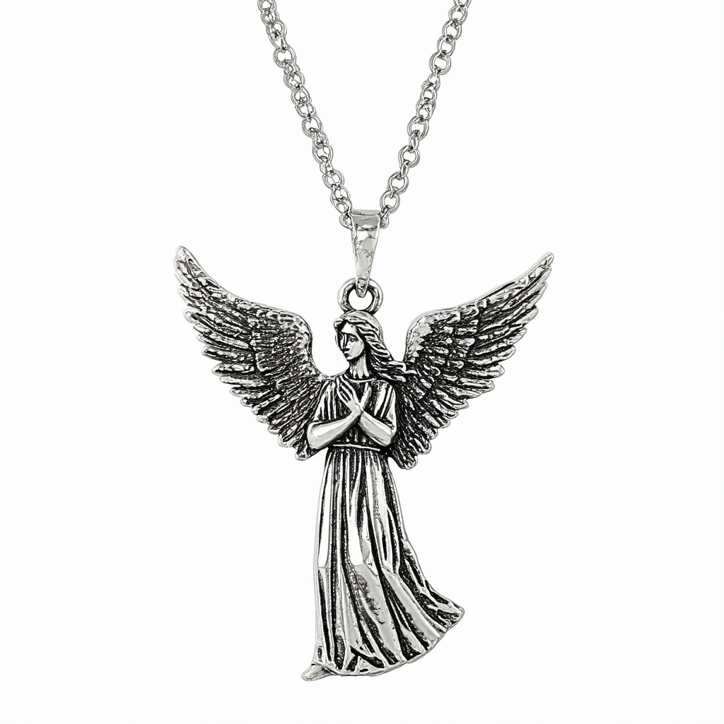 Amazon Collection Pewter Angel and Joshua 1:9 Pendant Necklace, 24"