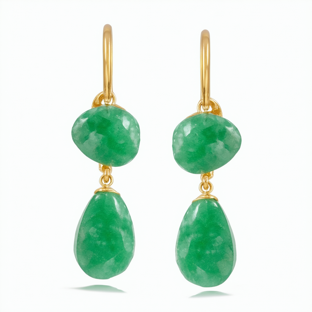 Amazon Collection 14k Yellow Gold Green Jade Shepherds Hook Drop Earrings