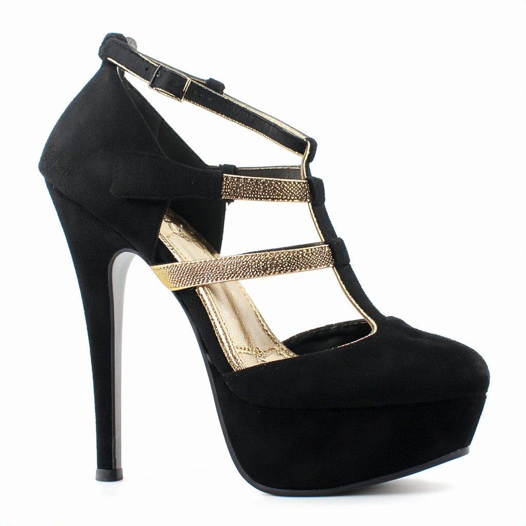 Qupid Women Nubuck Gold Tri-Strap Round Toe Platform Stiletto Heel Pump BJ97 - Black