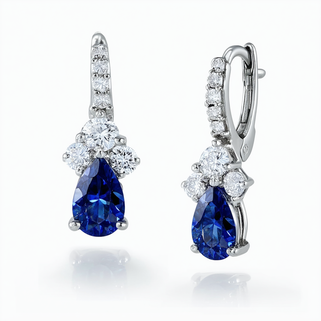 Amazon Collection Sterling Silver Created Blue Sapphire and White Sapphire Teardrop Dangle Earrings