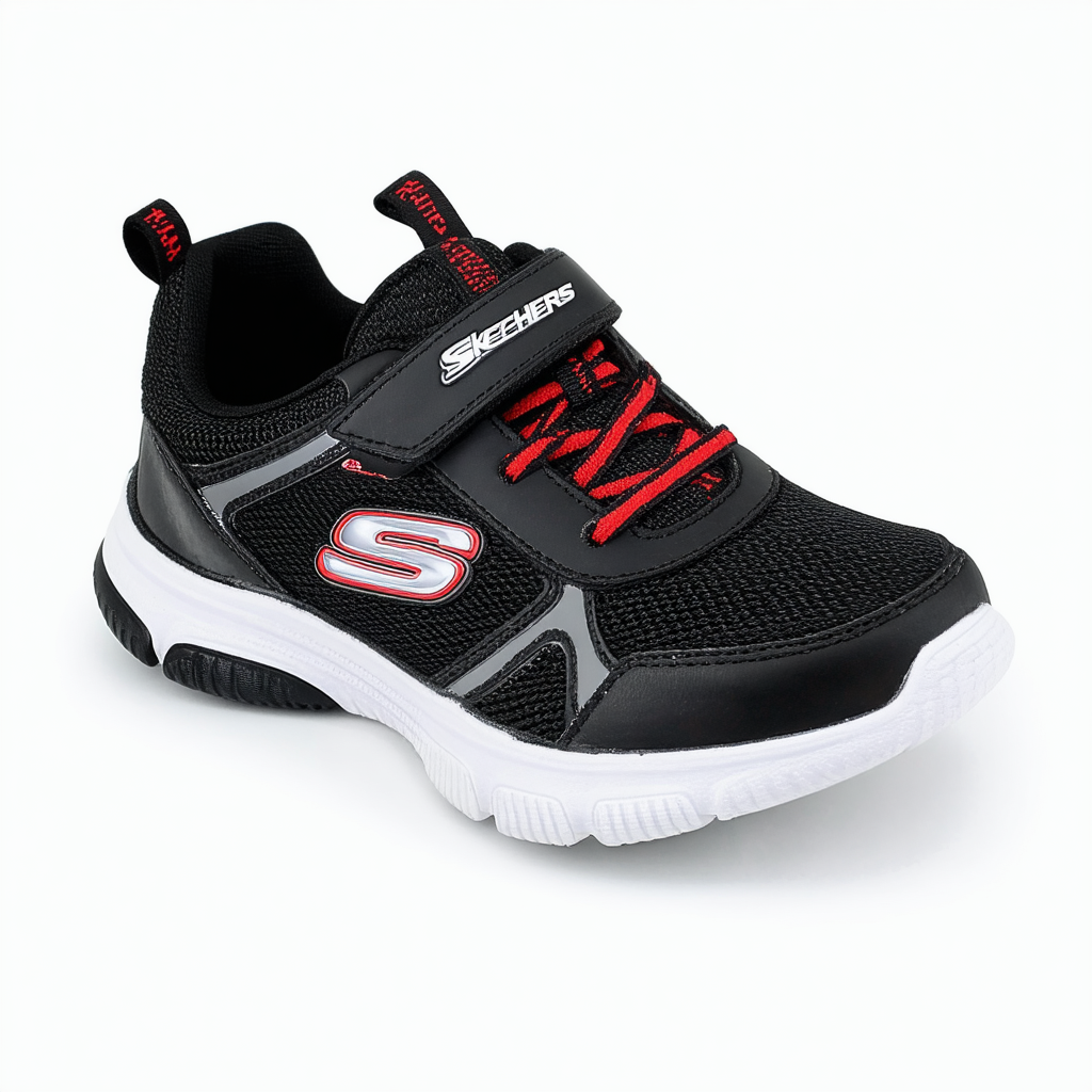Skechers Kids Boy's Lightweight Gore & Strap SNEA Sneaker, Black/Grey/Red, 13 Medium US Little Kid