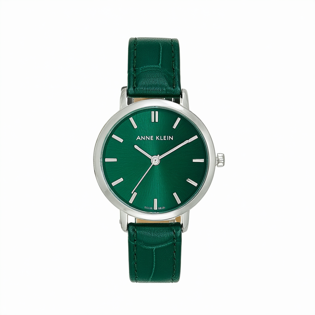 Anne Klein Women's 109003MPGN Round Silver-Tone Green Leather Strap Watch