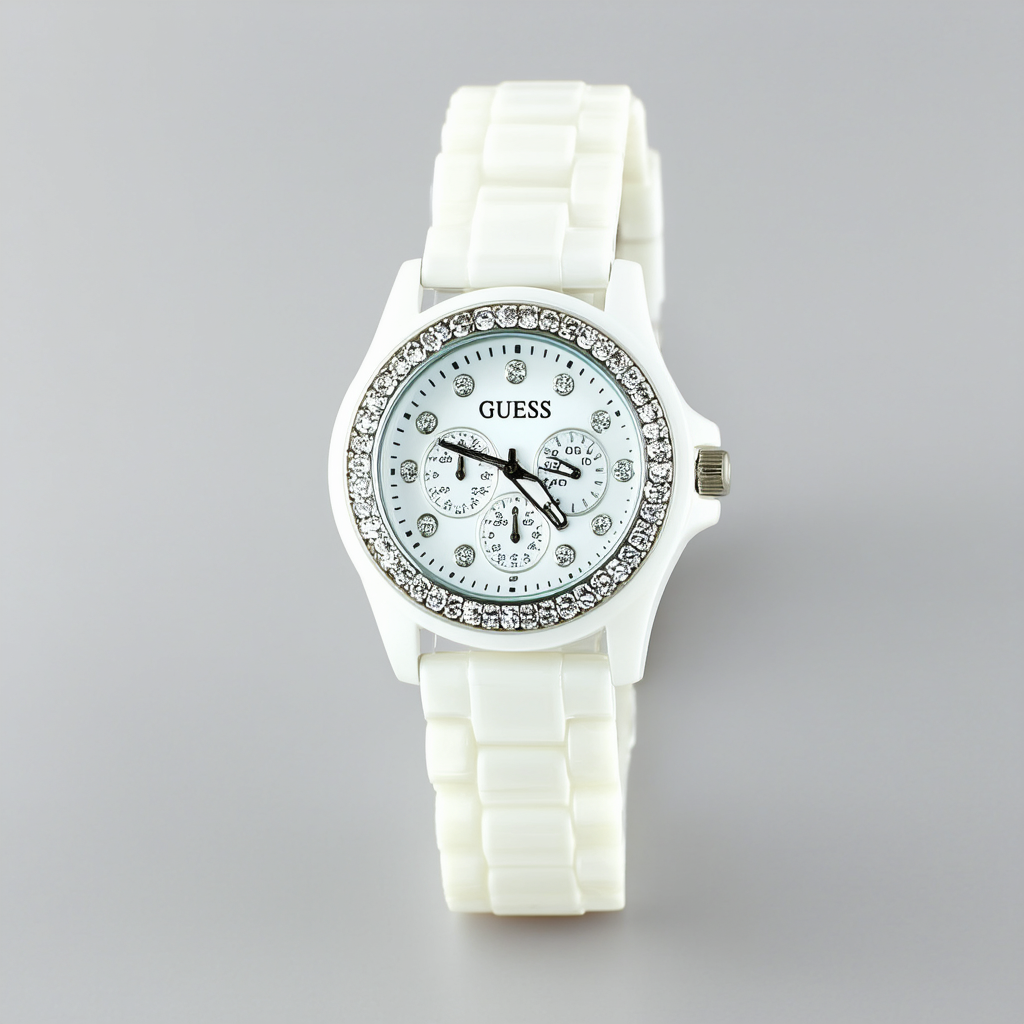 GUESS Women's W13564L1 White Plastic Band And Case Gem Accents Watch