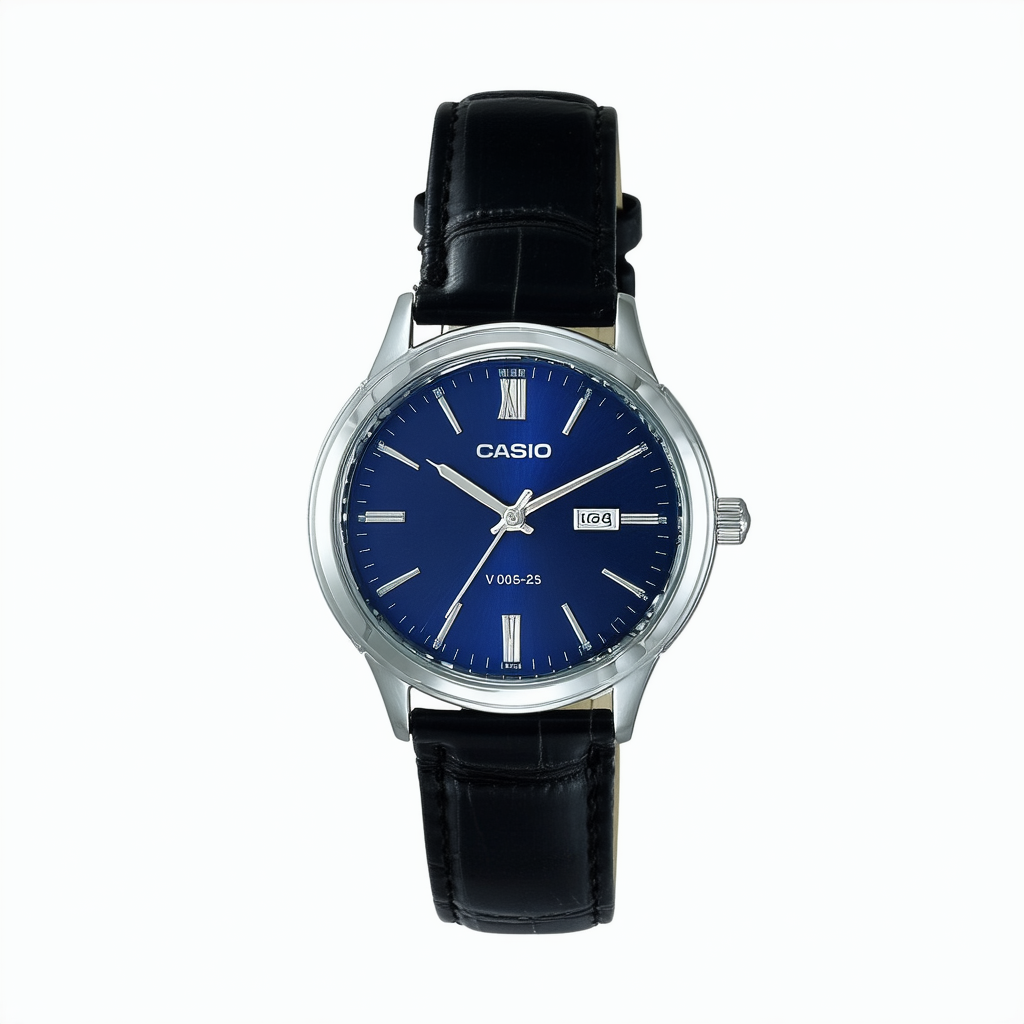 Casio LTP-V005L-2B Women's Standard Analog Black Leather Band Blue Dial Watch
