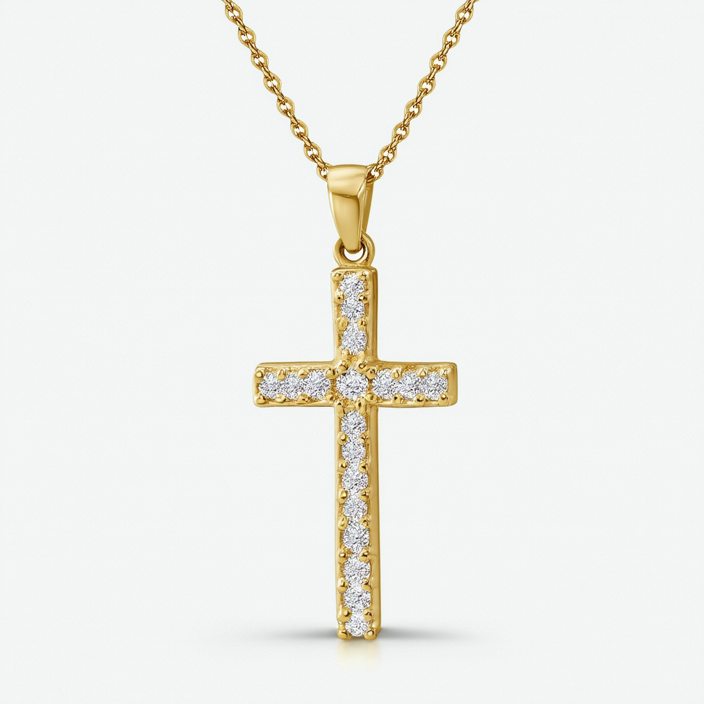 Amazon Collection 14k Yellow Gold Solid Stick Cross Pendant Necklace with Genuine Diamond, 18"