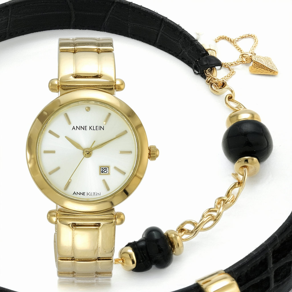 Anne Klein Women's AK/2766ONYX Gold-Tone and Black Leather Watch and Bracelet Set