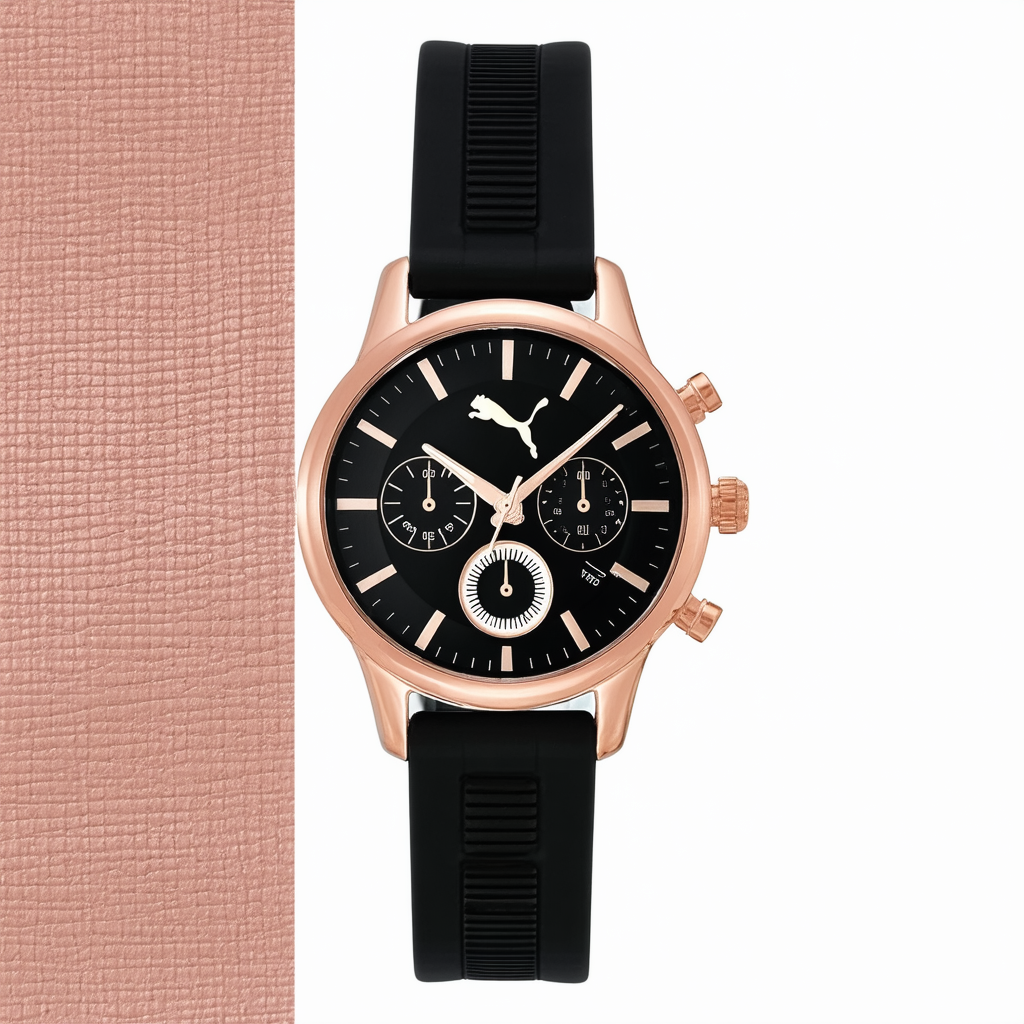 PUMA Women's PU910412004 Slick Multifunction Black Rosegold Accented Watch