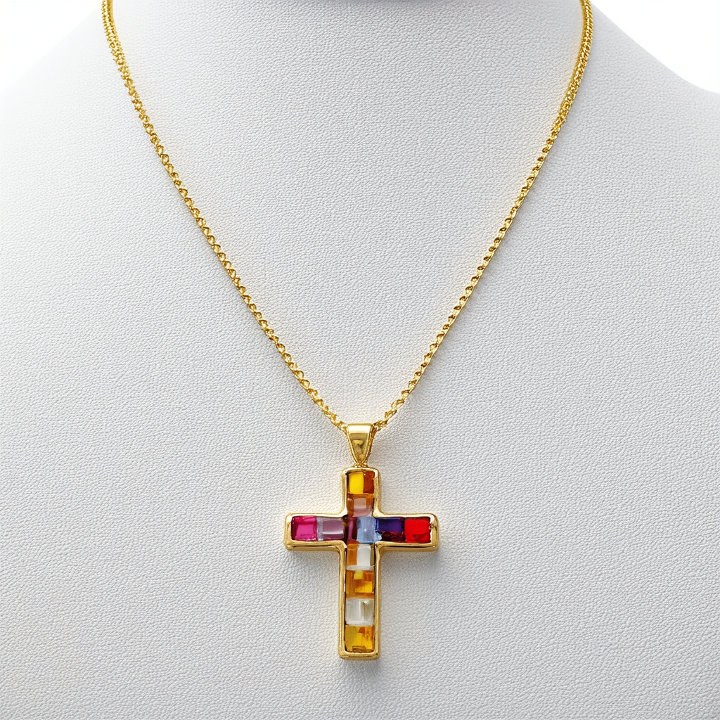 Amazon Collection Multi-Color Glass Rolo Chain Gold Plated Brass Cross Pendant Necklace, 24"