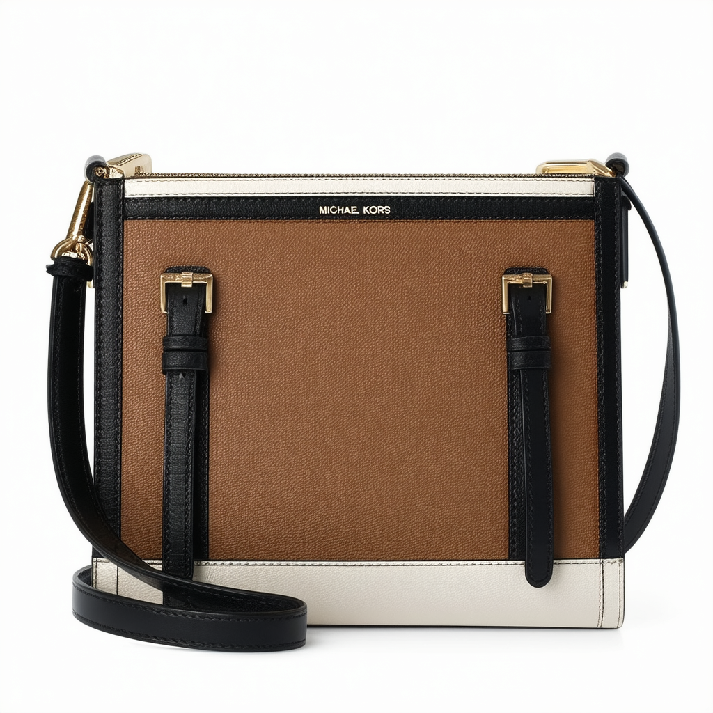 Michael Kors Hamilton Traveler Color-block Messenger Handbag Purse Bag Tan / Black