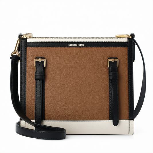 Michael Kors Hamilton Traveler Color-block Messenger Handbag Purse Bag Tan / Black