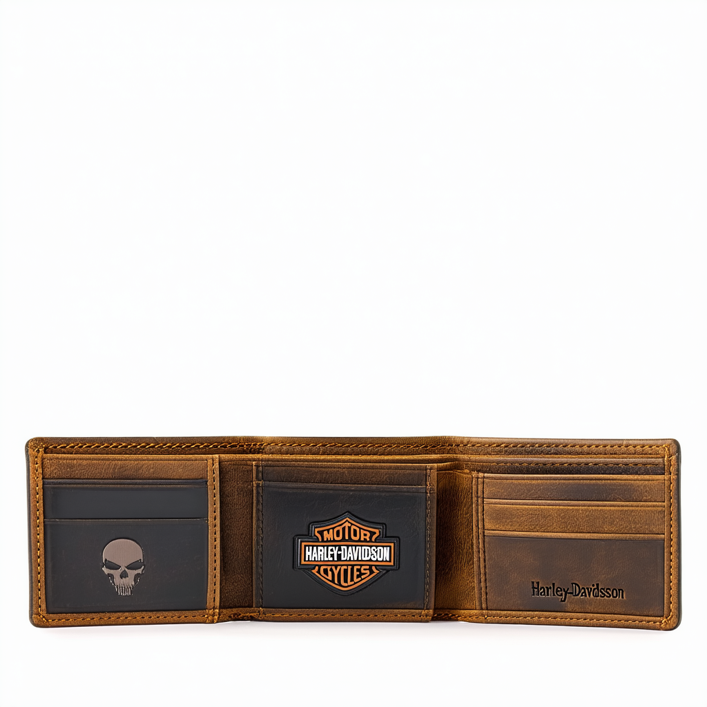 Harley-Davidson Men's Burnished Tri-Fold Skull Wallet Leather BM2647L-TanBlk