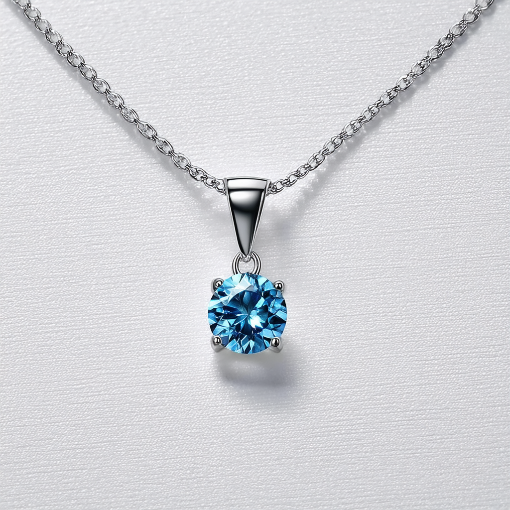 Amazon Collection Sterling Silver 9mm Round Swiss Blue Topaz Pendant Necklace, 18"