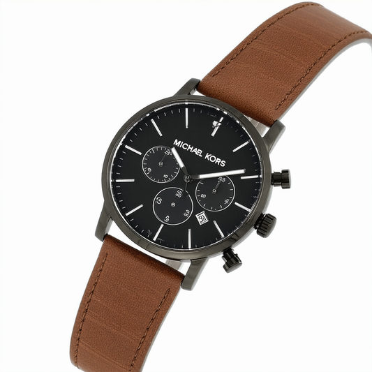 Michael Kors Hanger Black Dial Brown Leather Chrono Quartz Men's Watch MK7069