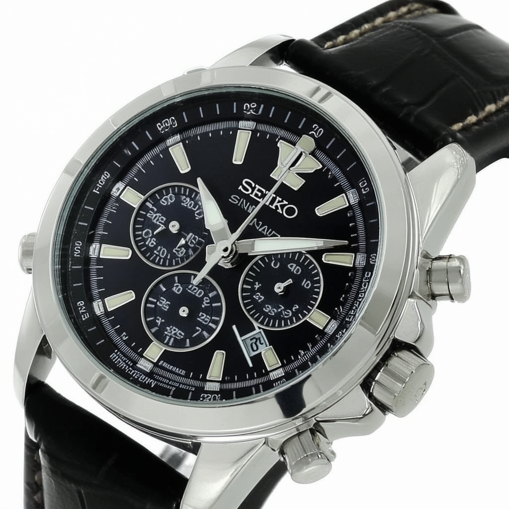 SEIKO Men's SNAD47P2 Stainless Steel Case Black Leather Strap Alarm Chronograph Watch