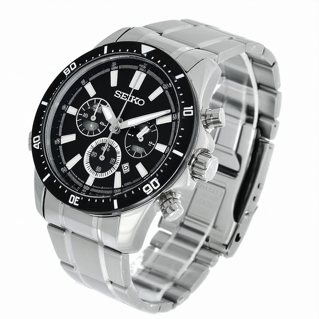 Seiko Men's SNAD37 Stainless Steel Black Dial Chronograph Alarm Watch