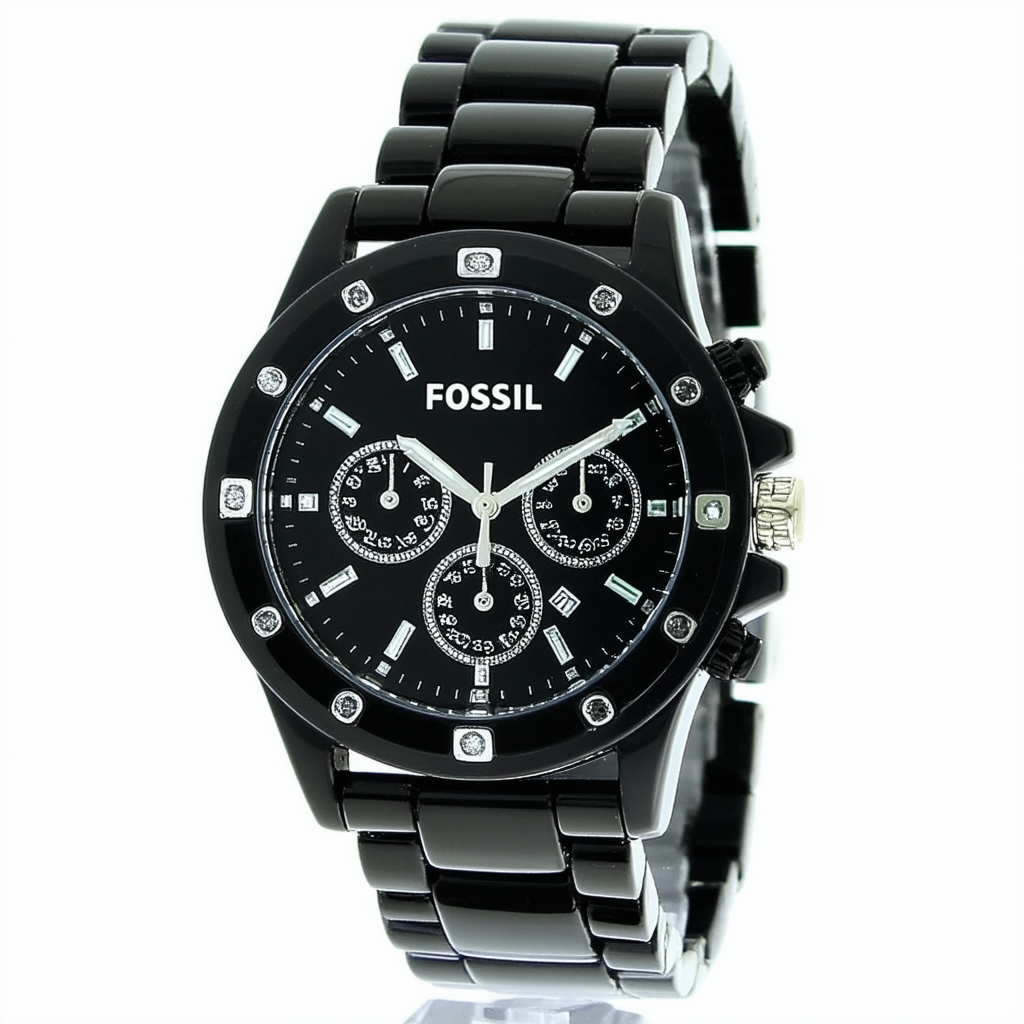 Fossil Women's ES2445 Black Resin Bracelet Black Glitz Analog Dial Watch