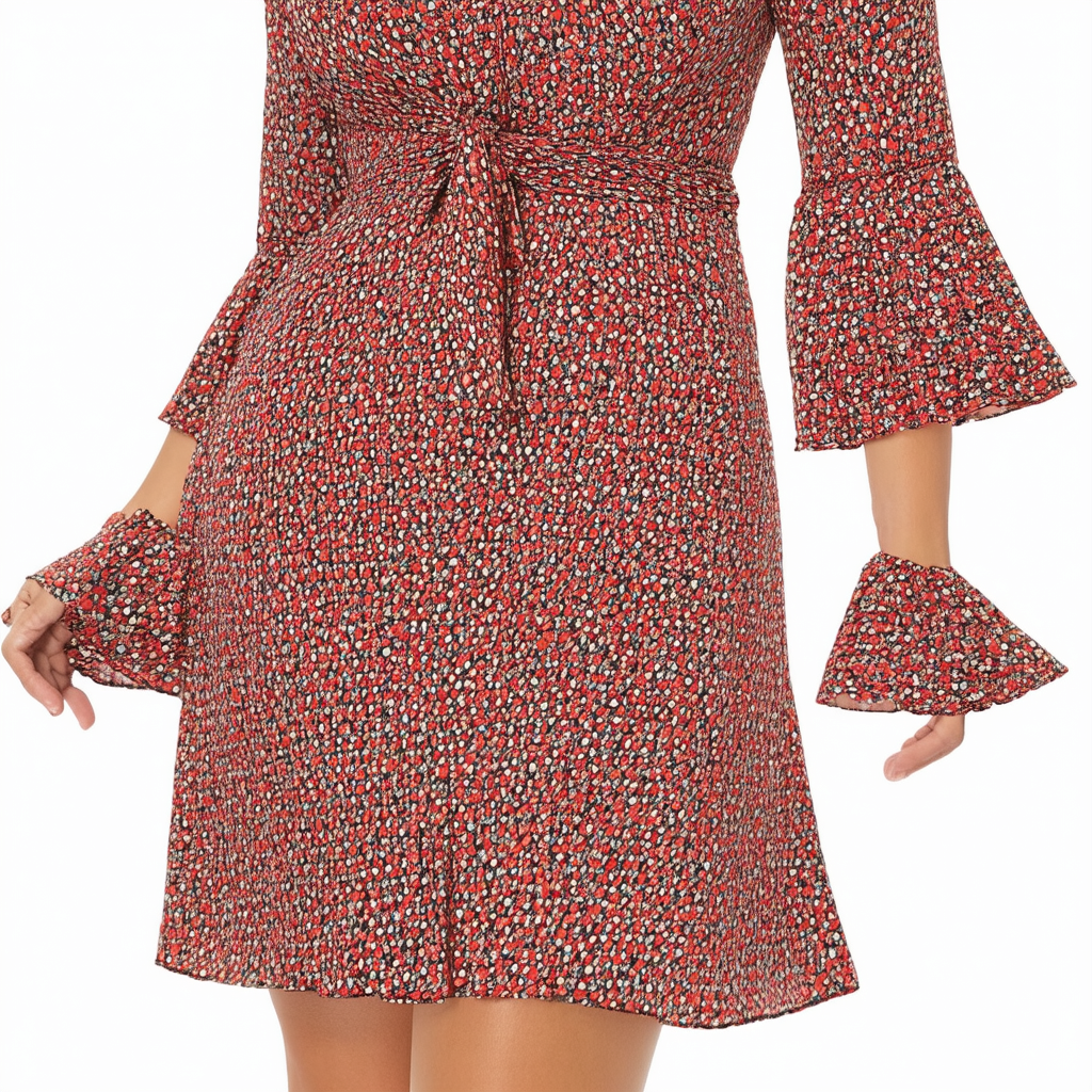 NINE WEST Women's Printed Fit and Flare Dress with Bell Sleeve & Tie Detail