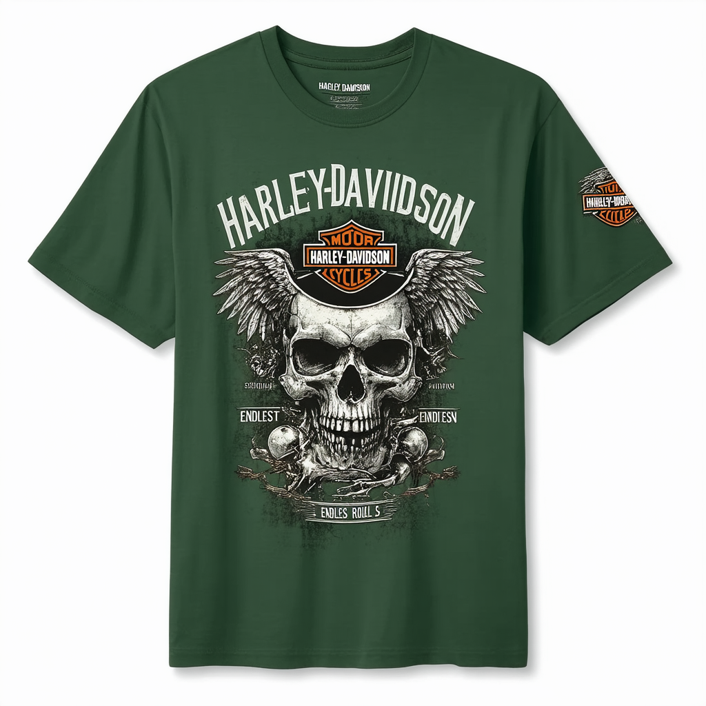 Harley-Davidson Men's Endless Road Skull Short Sleeve T-Shirt, Green 5504-HB5R