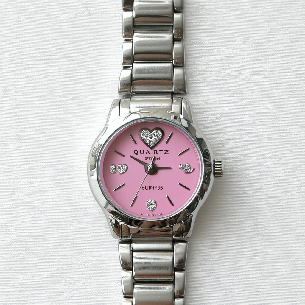 Women's Stainless Steel Quartz Solar Pink Dial Heart Shape Hinges #SUP135