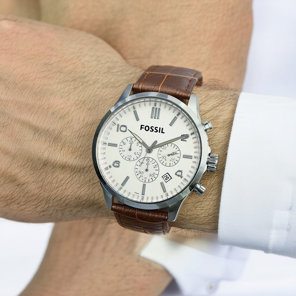 Fossil Men's Stainless Steel and Leather Automatic Watch, Color:Brown (Model: ME3127)