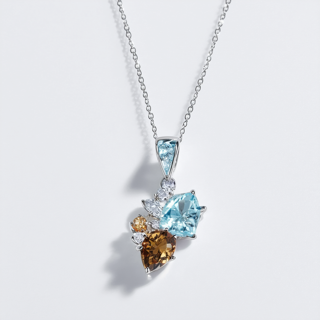 Amazon Collection Sterling Silver Aquamarine Crystal, Brown and Clear Crystal Pendant Necklace