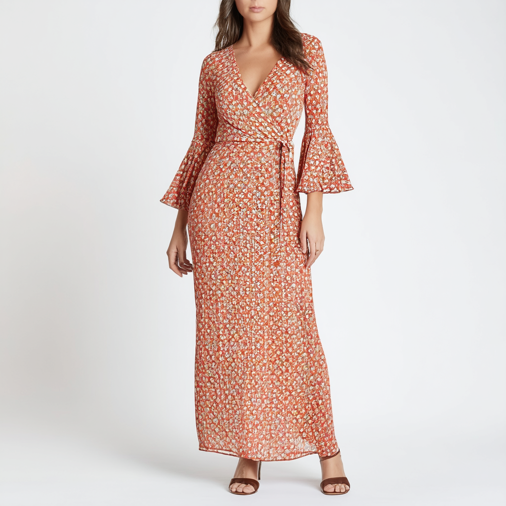 NINE WEST Women's Bell Sleeve Faux Wrap Maxi Dress