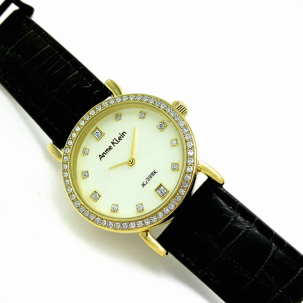 Anne Klein Women's AK/2538BKBK Diamond-Accented Dial Gold-Tone and Black Strap Watch